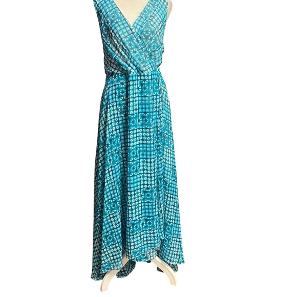 TOMMY HILFIGER V-NECK LINED SURPLICE FAUX-WRAP MAXI DRESS Size 16 Teal White - Picture 4 of 16